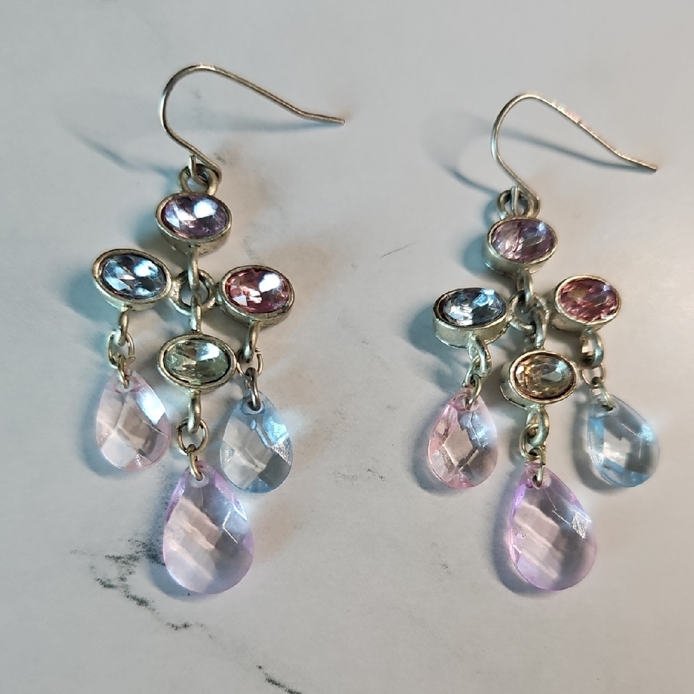 Silver-Tone Pink and Light Blue Teardrop Dangle Earrings